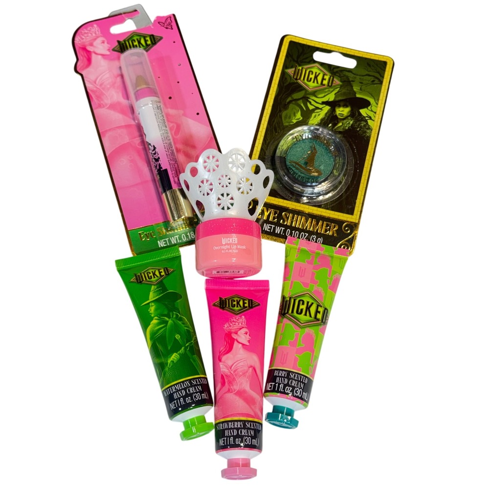 Wicked Movie Beauty 6pc Gift Set Pink Green Hand Cream Eye Shimmer Lip Mask